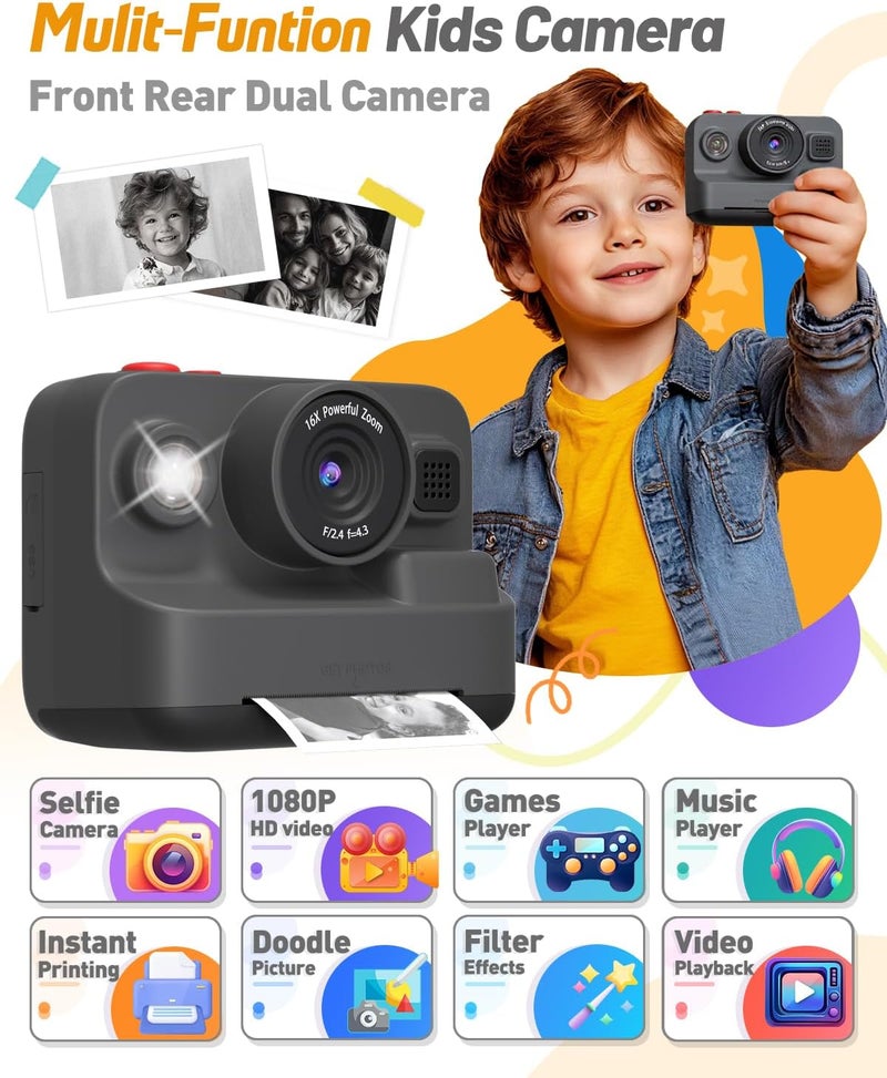 Yehtta Kids Camera Instant Print, Dual-Lens Front Rear Selfie Camera for Kids, Christmas Birthday Gifts Toys for 3-12 Year Old Boys Girls, 2.4in Screen 1080P Kid Digital Cameras with 32G Card - Image 2